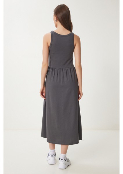 Halter Yaka Basic Yazlık Örme Elbise Antrasit LCR0053