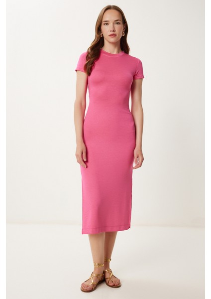 Cut Out Detaylı Esnek Saran Örme Elbise Pembe LCR0080