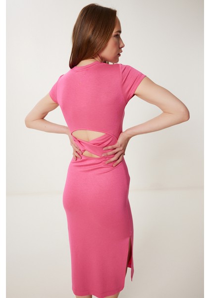 Cut Out Detaylı Esnek Saran Örme Elbise Pembe LCR0080