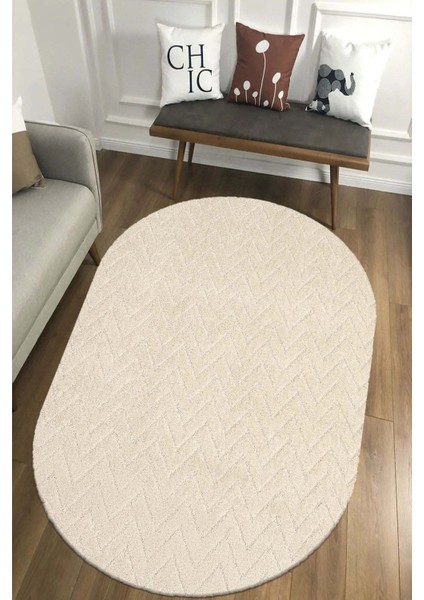 Moopy Oval Krem Bukleli Yumuşak Zikzak Dokuma Yolluk Halı Salon Halısı LP6497_KREM