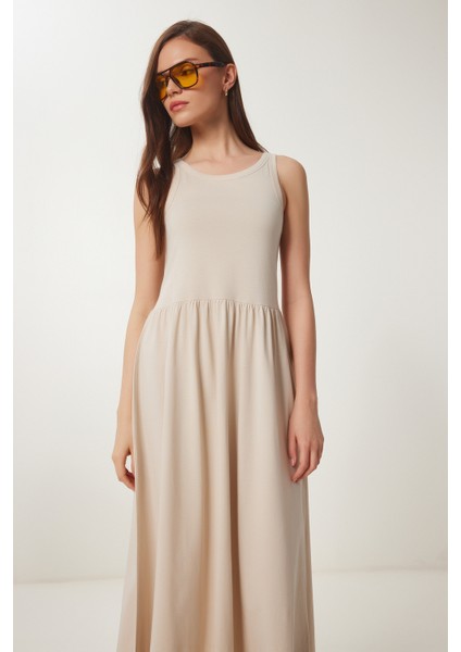 Halter Yaka Basic Yazlık Örme Elbise Krem LCR0053