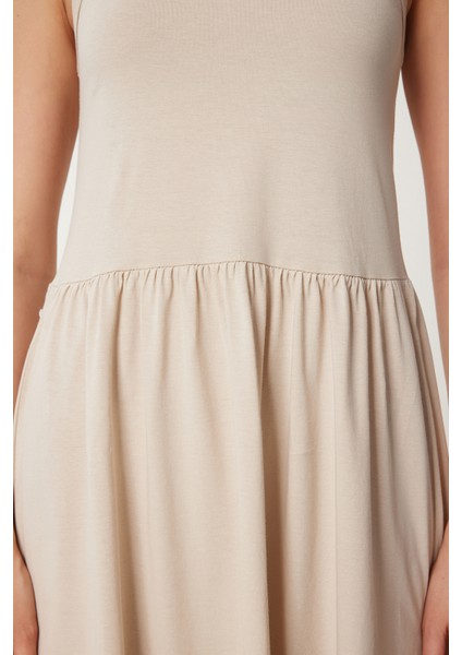 Halter Yaka Basic Yazlık Örme Elbise Krem LCR0053