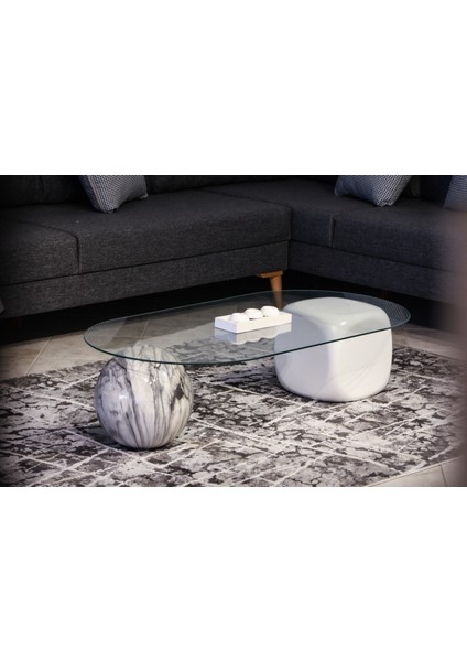 Modern Orta Sehpa & Top Sehpa Cam Sehpa & Küre Orta Sehpa - 1 Diana Top & 1 Beyaz Zar - Oval - Şeffaf Cam indirimleri