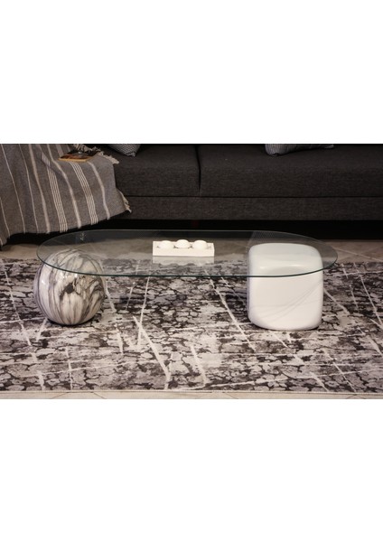 Modern Orta Sehpa & Top Sehpa Cam Sehpa & Küre Orta Sehpa - 1 Diana Top & 1 Beyaz Zar - Oval - Şeffaf Cam