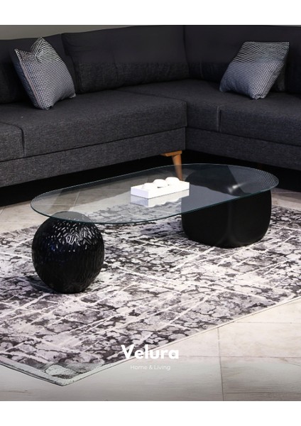 Modern Orta Sehpa & Top Sehpa Cam Sehpa & Küre Orta Sehpa - 1 Dragon (Siyah) Top & 1 Siyah Zar - Oval - Şeffaf Cam