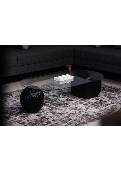 Modern Orta Sehpa & Top Sehpa Cam Sehpa & Küre Orta Sehpa - 1 Dragon (Siyah) Top & 1 Siyah Zar - Oval - Şeffaf Cam modelleri