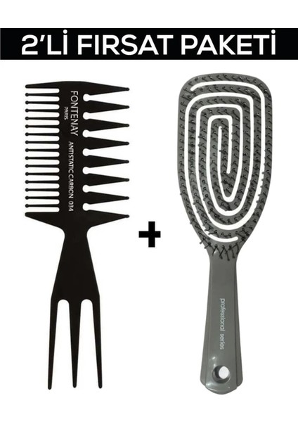 Karbon Tarak 034 +Pro 3 Boyutlu Açma Tarama Tarak Saç Fırçası 2'li Set