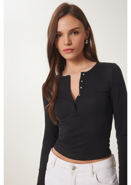Çıtçıtlı Basic Örme Crop Bluz Siyah LFW0002