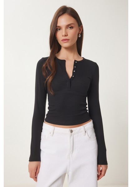 Çıtçıtlı Basic Örme Crop Bluz Siyah LFW0002