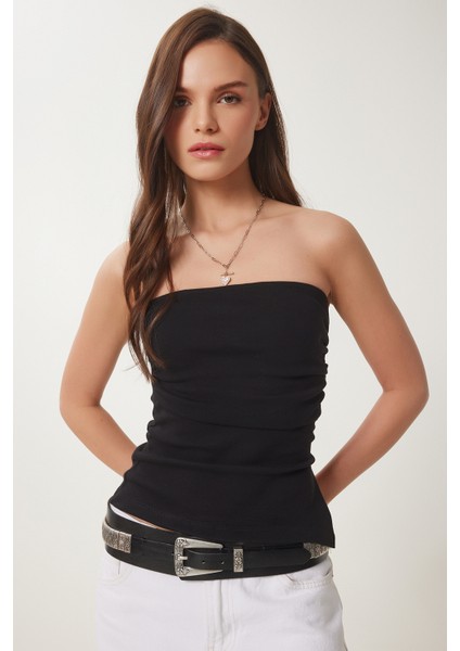 Büzgülü Straplez Örme Bluz Siyah LNS0037