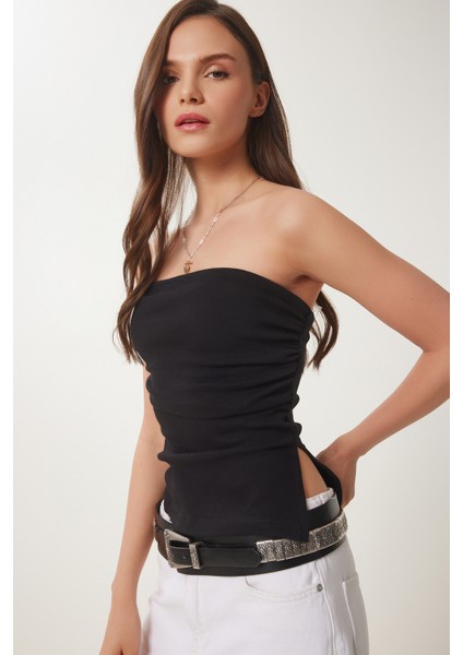 Büzgülü Straplez Örme Bluz Siyah LNS0037
