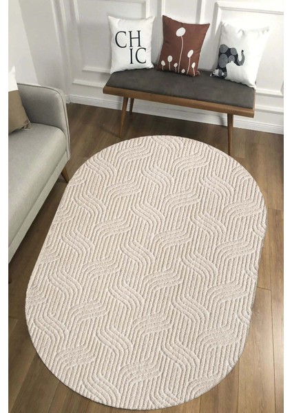 Moopy Oval Krem Bukleli Yumuşak Soft Dokuma Yolluk Halı Salon Halısı LP1003A_KREM