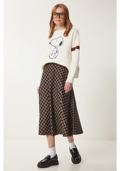 Kareli Kloş Dokuma Etek Siyah Camel LNS0018