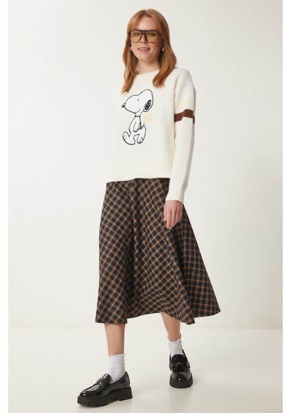 Kareli Kloş Dokuma Etek Siyah Camel LNS0018