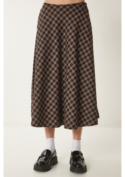 Kareli Kloş Dokuma Etek Siyah Camel LNS0018