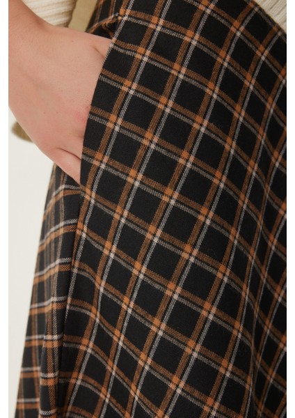 Kareli Kloş Dokuma Etek Siyah Camel LNS0018