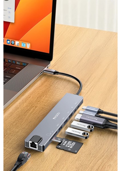 Macbook Pro Air USB Type-C Hub Dönüştürücü Çoklayıcı USB HDMI 4K Tf, Sd, Pd, Ethernet 8in1 100W Pd 1