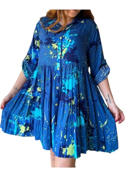 Kadın Pamuklu Katlı Gömlek Elbise Mavi