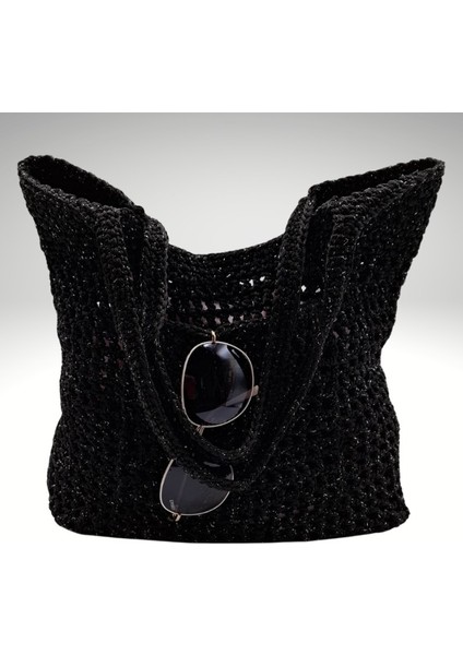 Siyah Simli File Çanta, Kadın Yazlık Omuz Çantası,