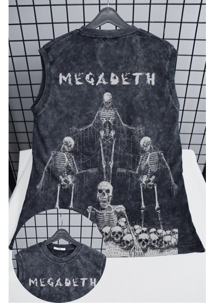 Megadeth Skeleton Sırt Baskılı Yıkamalı Kolsuz Tişört, Unisex Rock Band Retro Sıfır Kollu Atlet