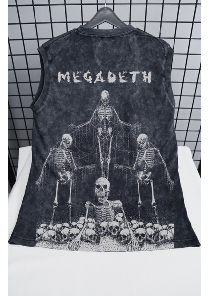 Megadeth Skeleton Sırt Baskılı Yıkamalı Kolsuz Tişört, Unisex Rock Band Retro Sıfır Kollu Atlet fiyatları