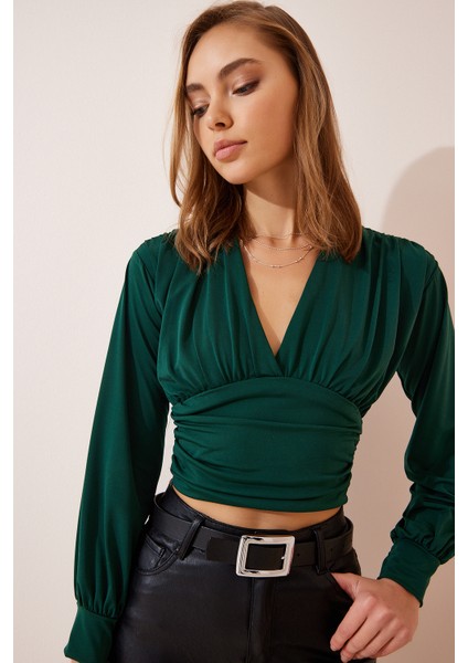Derin V Yaka Crop Sandy Örme Bluz Zümrüt Yeşili LBF0007 modelleri