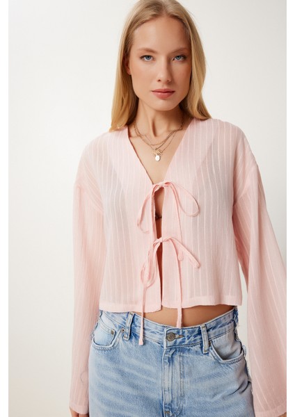 Çizgili Bağlama Detaylı Örme Bluz Şeker Pembe LRG0020