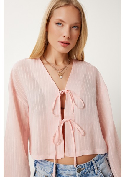 Çizgili Bağlama Detaylı Örme Bluz Şeker Pembe LRG0020