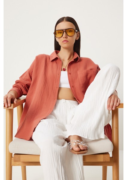 Oversize Basic Müslin Gömlek Şeftali LMX0002