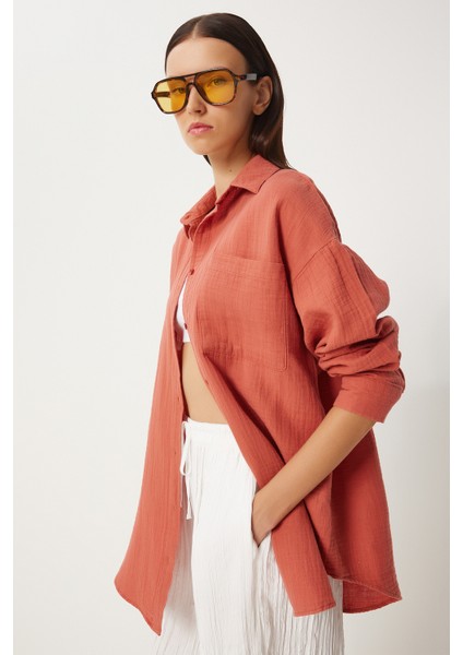 Oversize Basic Müslin Gömlek Şeftali LMX0002