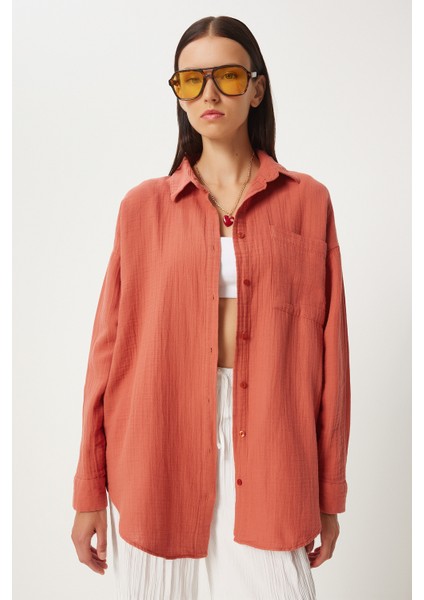 Oversize Basic Müslin Gömlek Şeftali LMX0002