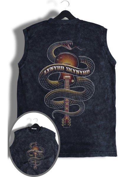 Unisex Lynyrd Skynyrd Snake Sırt Baskılı Yıkamalı Bisiklet Yaka Kolsuz Retro Tişört