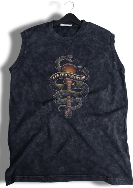 Unisex Lynyrd Skynyrd Snake Sırt Baskılı Yıkamalı Bisiklet Yaka Kolsuz Retro Tişört fiyatları