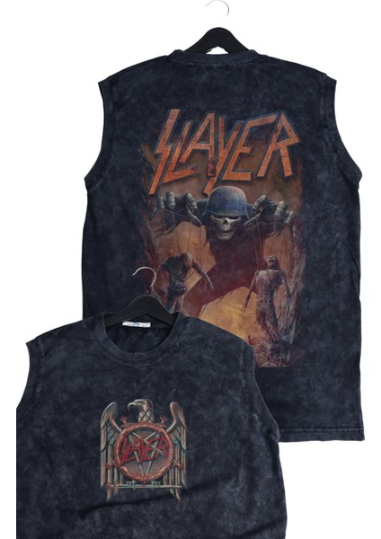 Unisex Rock Band Slayer Sırt Baskılı Yıkamalı Kolsuz Vintage Tişört