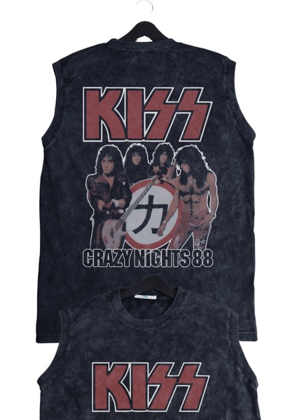 Unisex Kiss Crazy Nights 88 Sırt Baskılı Yıkamalı Bisiklet Yaka Kolsuz Vintage Tişört