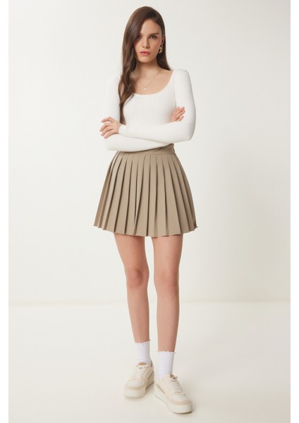 Pileli Mini Dokuma Etek Bej LNS0022
