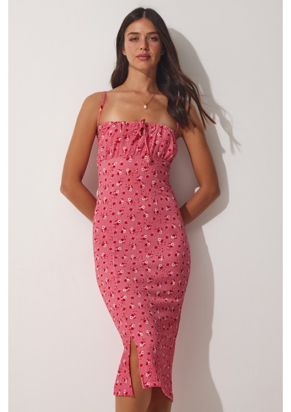 Çiçekli Büzgülü Yaka Yazlık Örme Elbise Pembe LFF0022