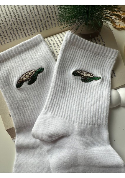 Su Kaplumbağası Nakışlı Yazlık Kışlık Beyaz Pamuklu Unisex Casual Comfort Soket Çorap fırsatları