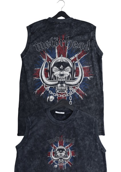 Unisex Rock Band Motörhead Sırt Baskılı Yıkamalı Bisiklet Yaka Kolsuz Retro Tişört