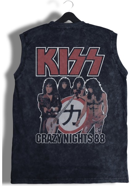 Unisex Kiss Crazy Nights 88 Sırt Baskılı Yıkamalı Bisiklet Yaka Kolsuz Vintage Tişört modelleri