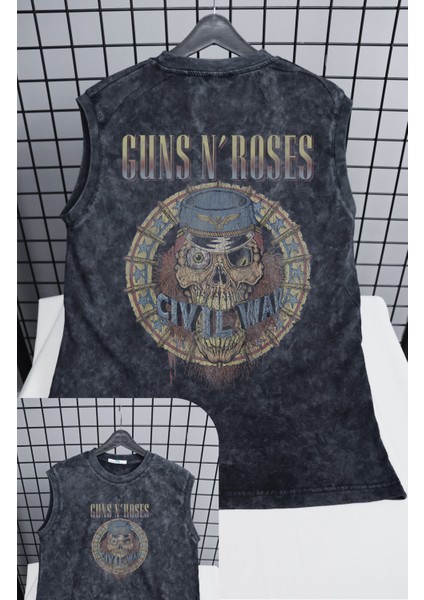 Guns N' Roses Civil War Sırt Baskılı Yıkamalı Kolsuz Tişört, Unisex Rock Band Sıfır Kol Retro Atlet
