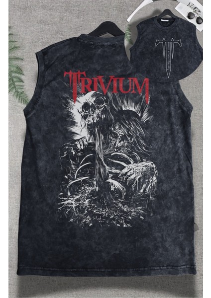 Trivium Sırt Baskılı Yıkamalı Kolsuz Tişört, Unisex Rock Band Temalı Sıfır Kollu Vintage Atlet