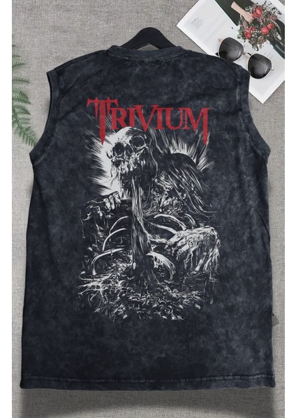 Trivium Sırt Baskılı Yıkamalı Kolsuz Tişört, Unisex Rock Band Temalı Sıfır Kollu Vintage Atlet modelleri