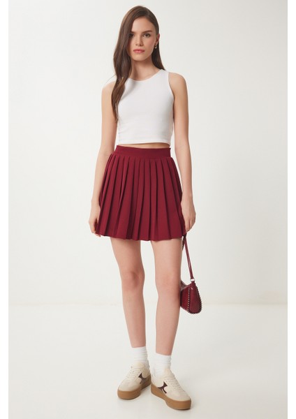 Pileli Mini Dokuma Etek Bordo LNS0022