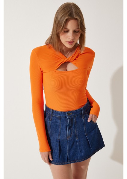 Cut Out Detaylı Fitilli Örme Bluz Oranj LSF0001