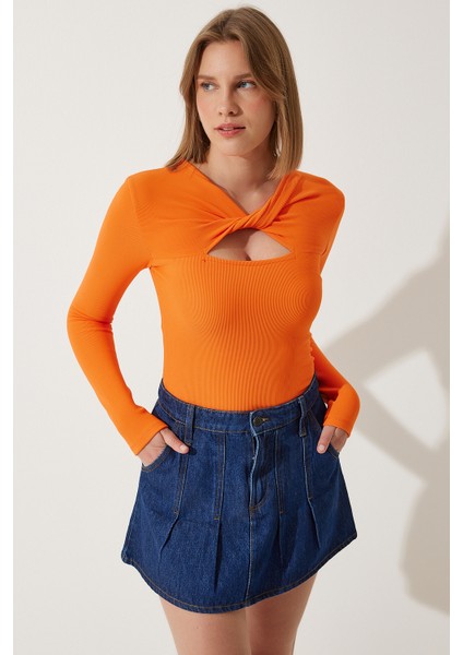 Cut Out Detaylı Fitilli Örme Bluz Oranj LSF0001