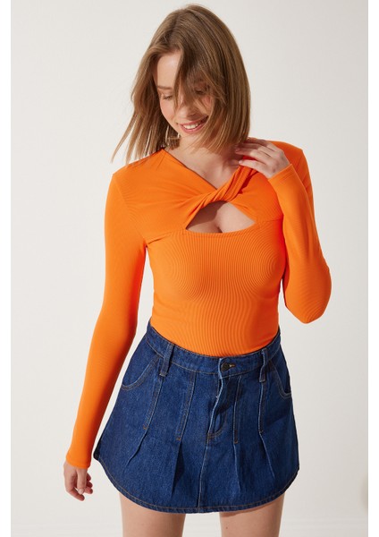 Cut Out Detaylı Fitilli Örme Bluz Oranj LSF0001