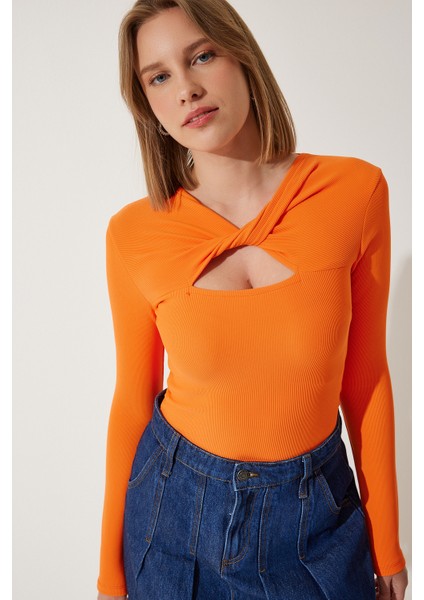 Cut Out Detaylı Fitilli Örme Bluz Oranj LSF0001