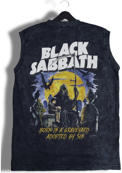 Rock Band Black Sabbath Born In Sırt Baskılı Yıkamalı Kolsuz Vintage Tişört modelleri