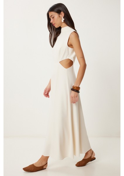 Cut Out Detaylı Keten Elbise Krem LFG0005 modelleri